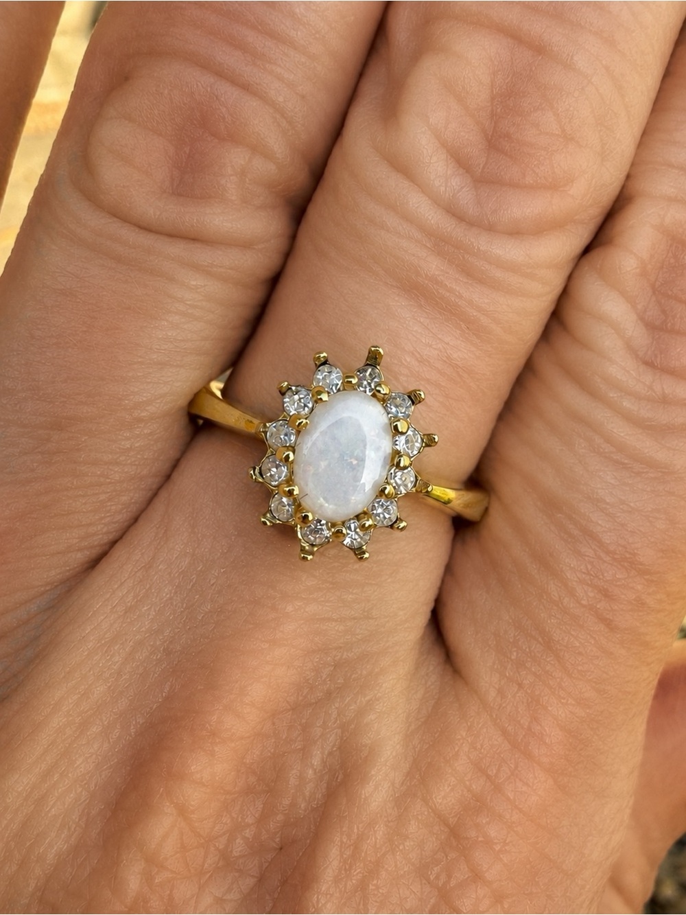Vintage Style Opal Halo Ring | Gold Tone Rhinestone Cocktail Ring | Size 7